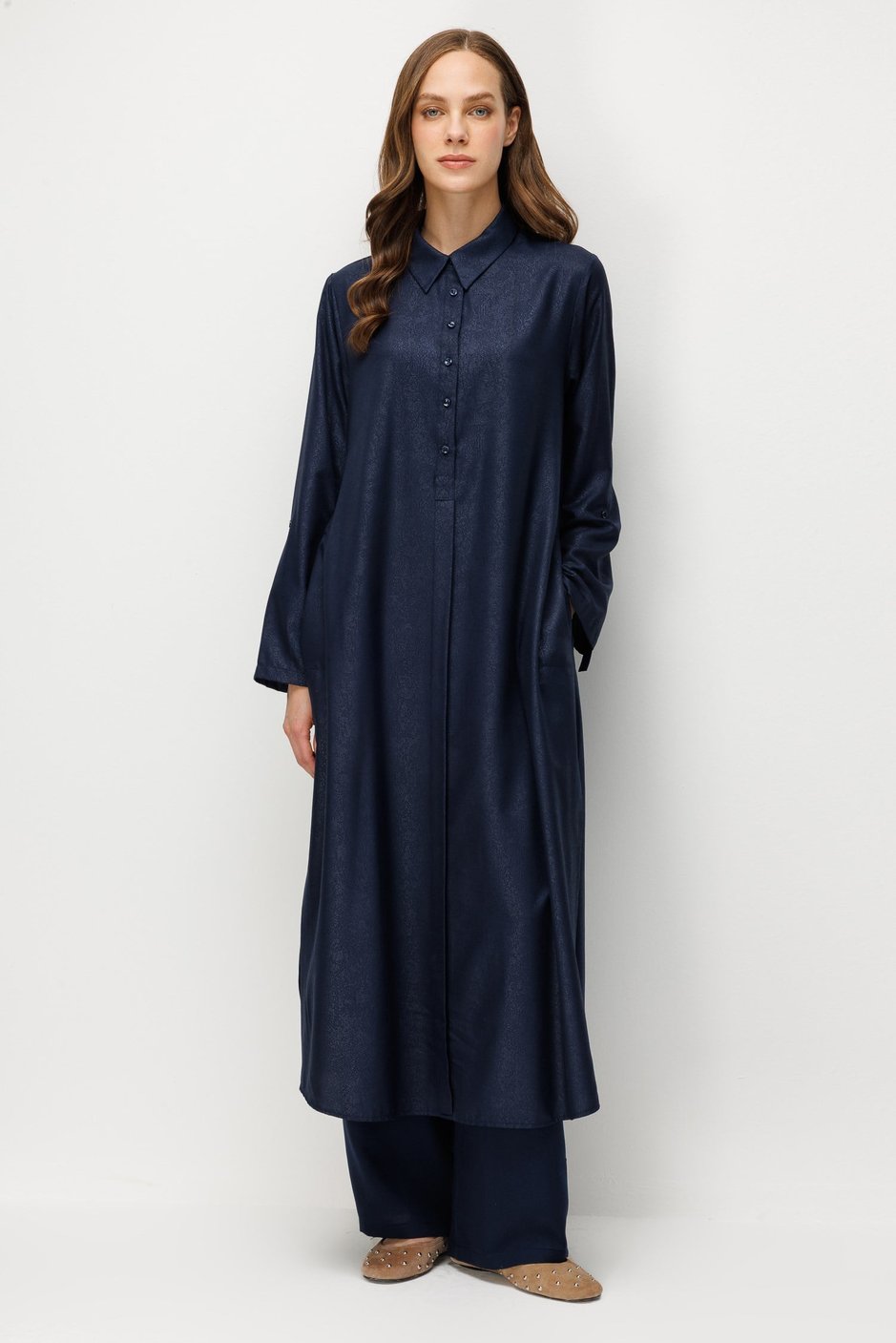 Kum Desen Maxi Tunik ve Pantalon Kombin Takım-Laci