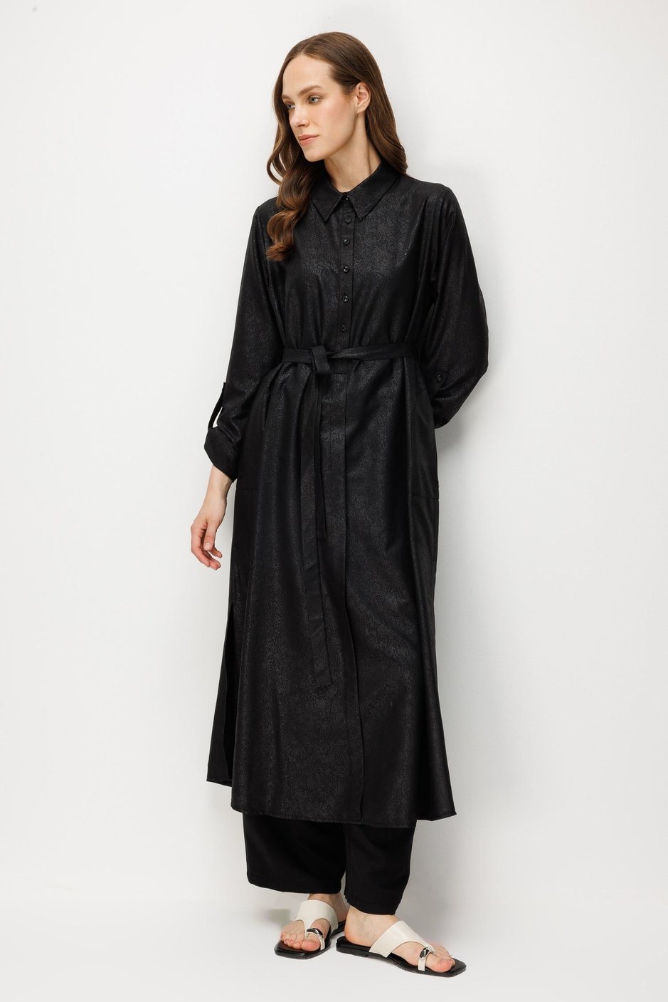 Kum Desen Maxi Tunik ve Pantalon Kombin Takım-Siyah
