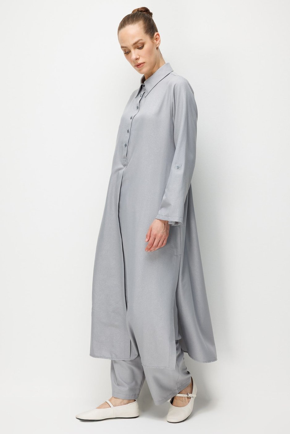 Kum Desen Maxi Tunik ve Pantalon Kombin Takım-Gri