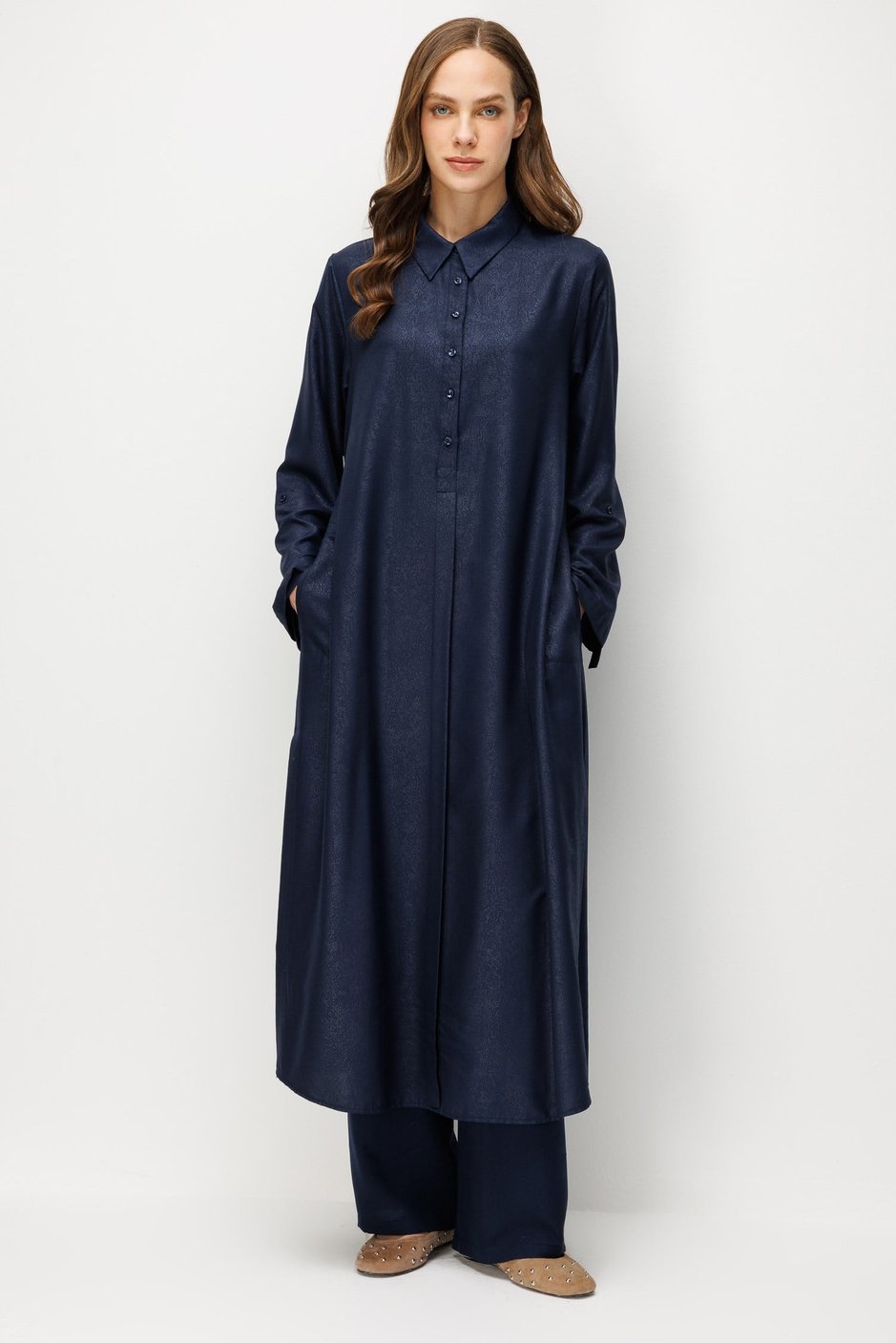 Kum Desen Maxi Tunik ve Pantalon Kombin Takım-Laci