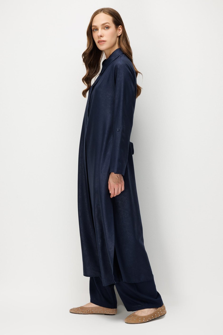Kum Desen Maxi Tunik ve Pantalon Kombin Takım-Laci