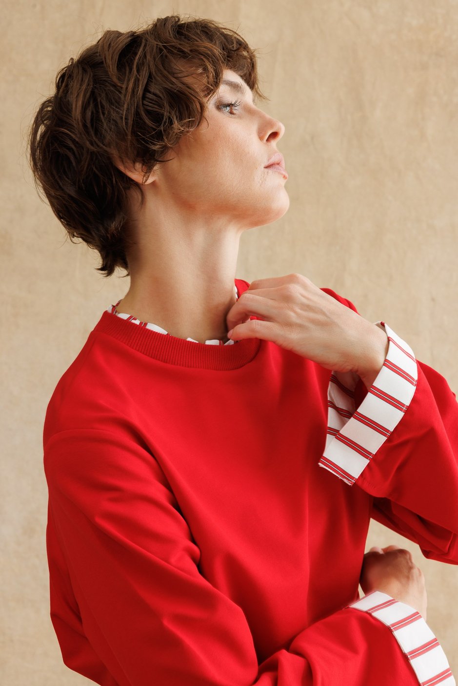 Linea Çizgili Garnili Kuşaklı Tunik Sweat-Kırmızı