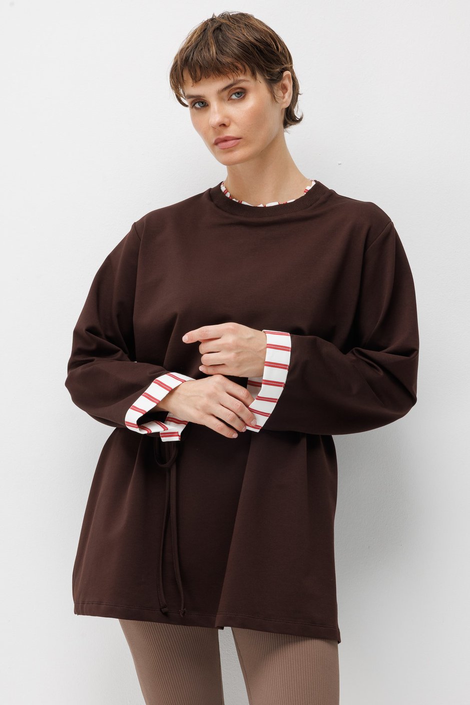 Linea Çizgili Garnili Kuşaklı Tunik Sweat-Kahve