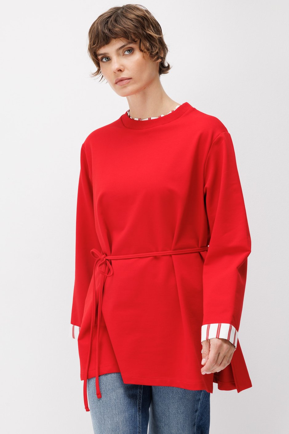 Linea Çizgili Garnili Kuşaklı Tunik Sweat-Kırmızı