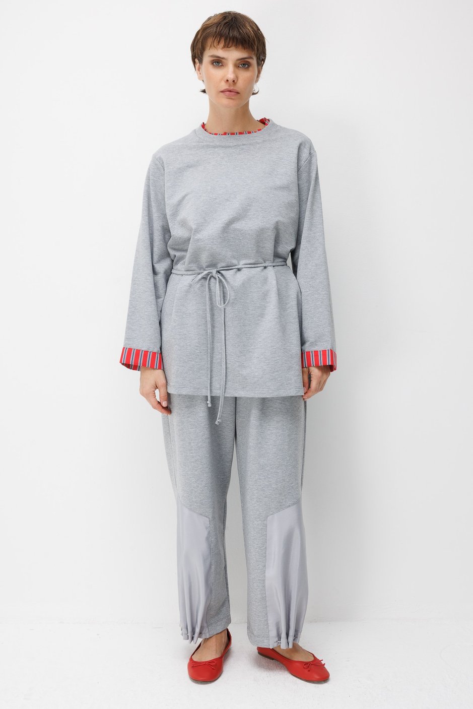 Linea Çizgili Garnili Kuşaklı Tunik Sweat-MELANJ