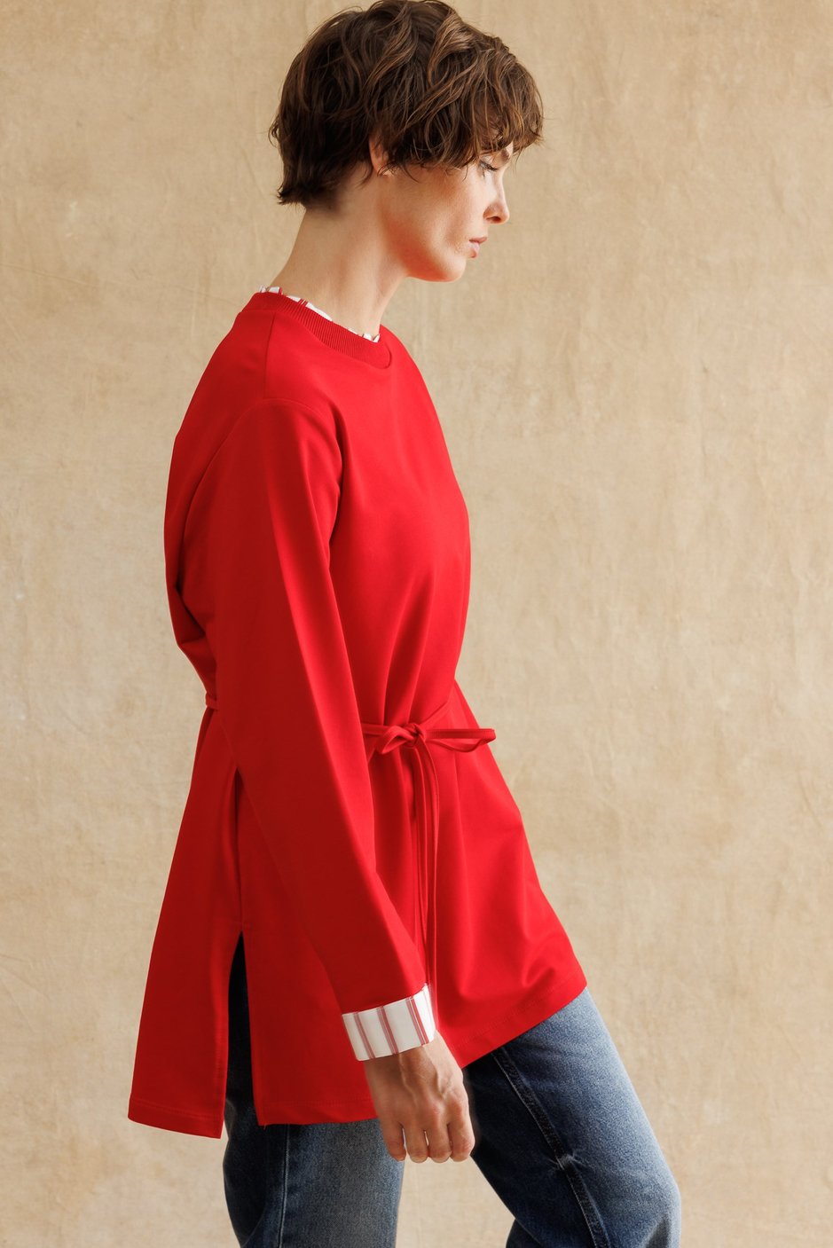 Linea Çizgili Garnili Kuşaklı Tunik Sweat-Kırmızı