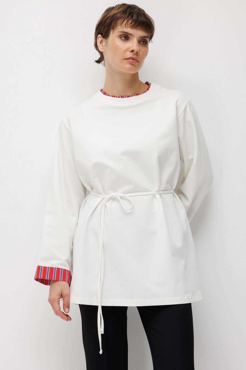 Linea Çizgili Garnili Kuşaklı Tunik Sweat-Ekru