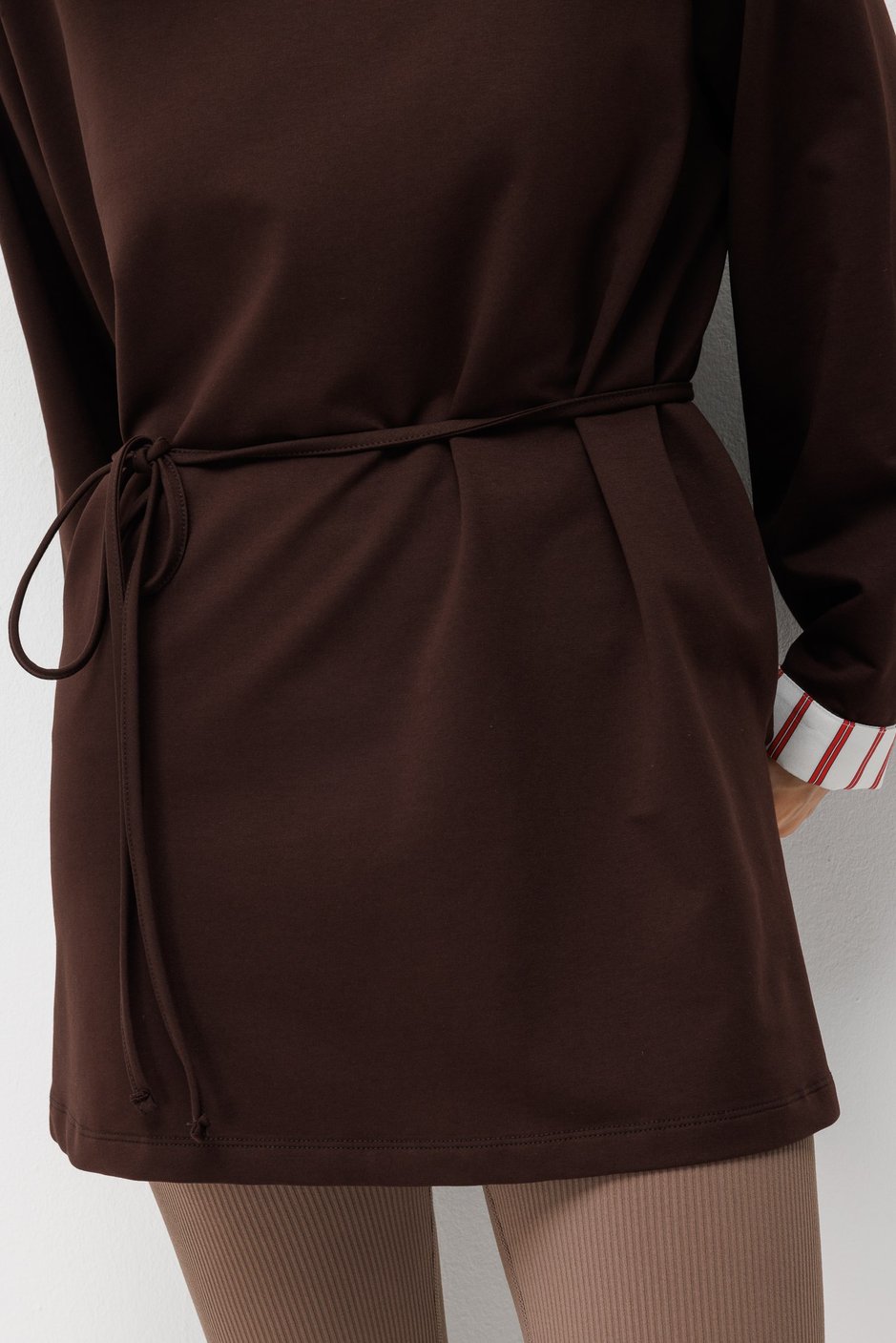 Linea Çizgili Garnili Kuşaklı Tunik Sweat-Kahve