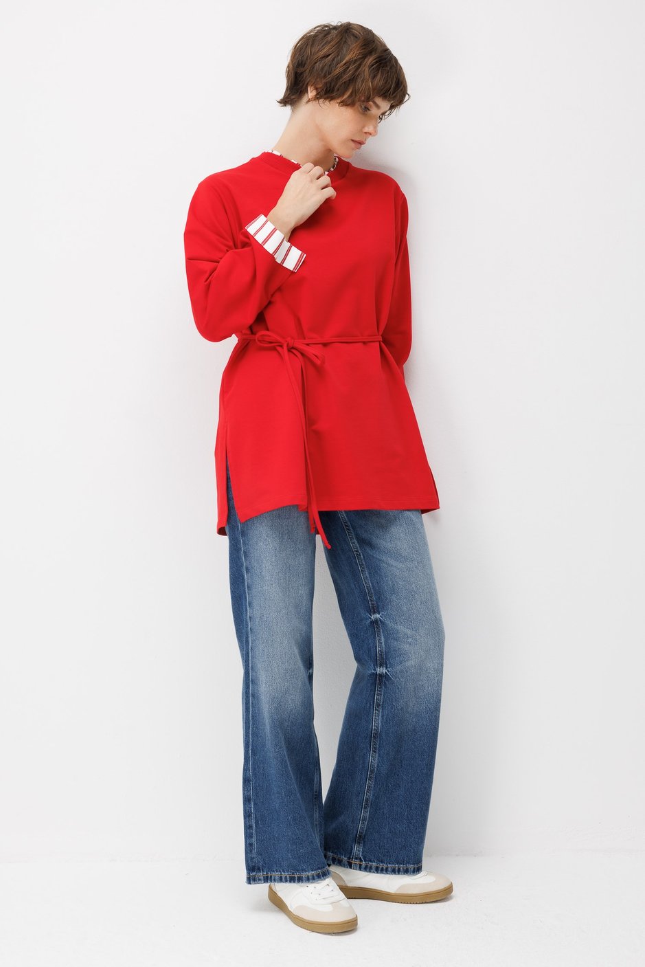 Linea Çizgili Garnili Kuşaklı Tunik Sweat-Kırmızı