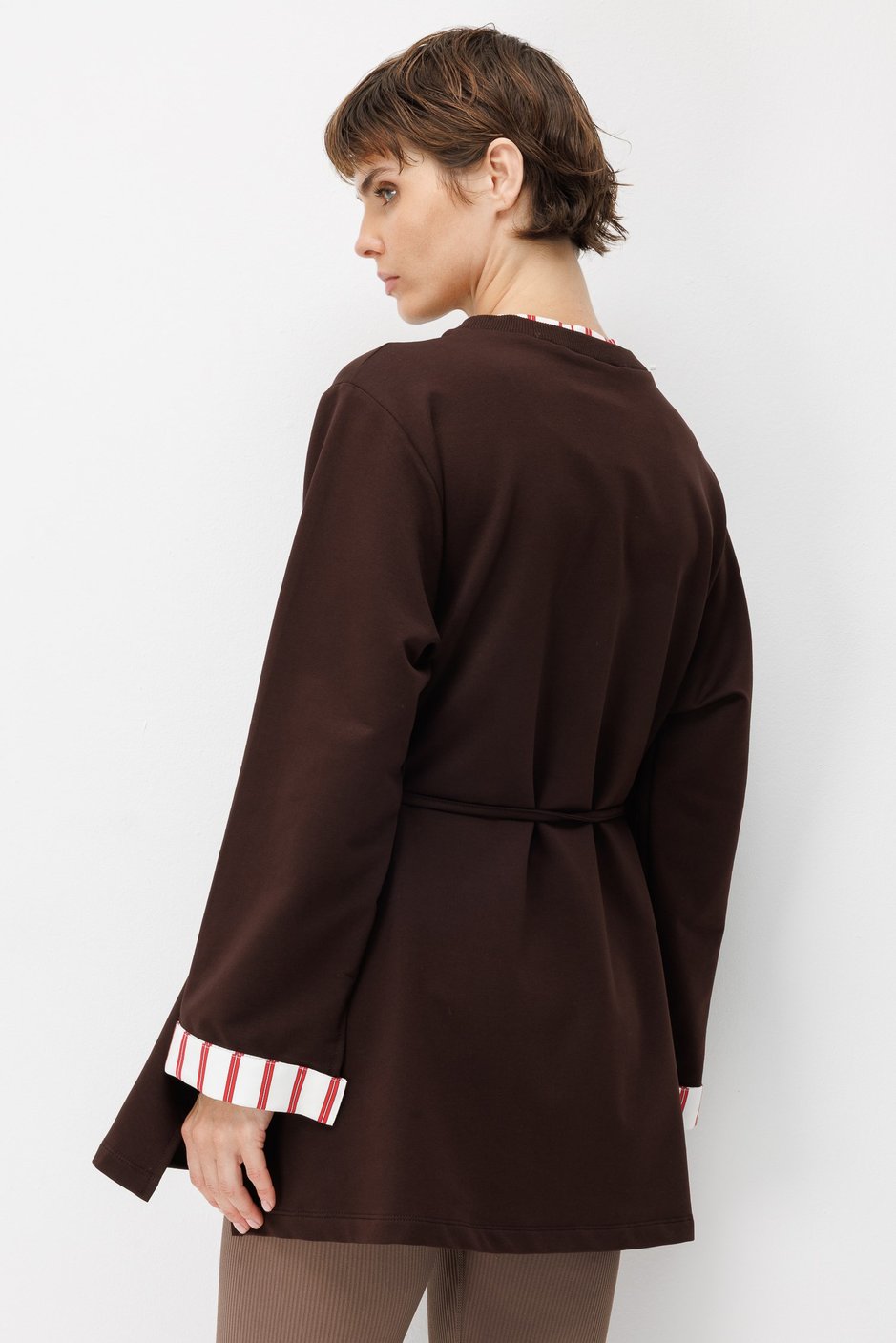 Linea Çizgili Garnili Kuşaklı Tunik Sweat-Kahve