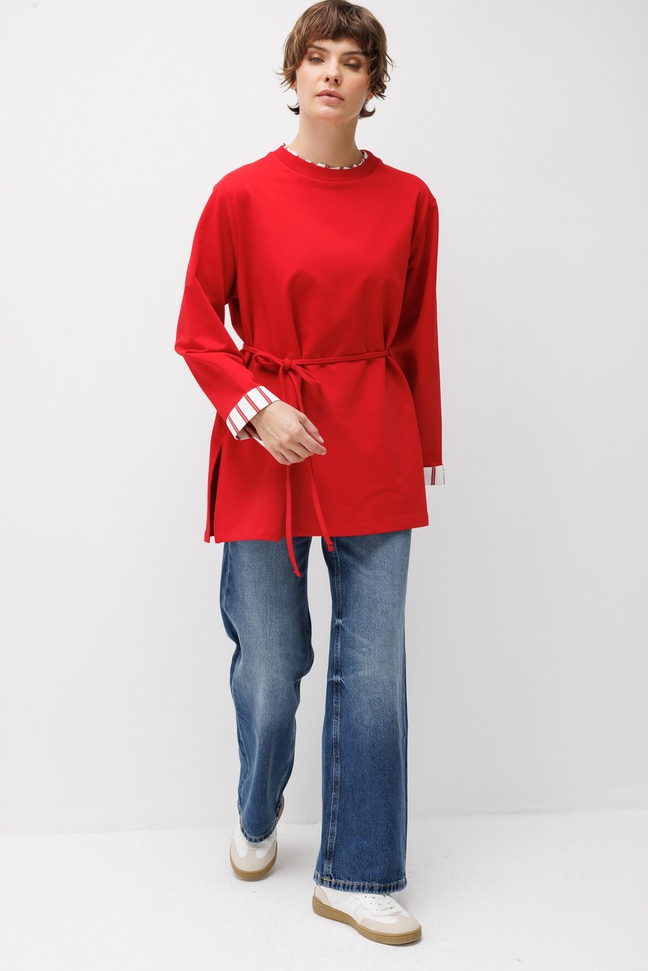 Linea Çizgili Garnili Kuşaklı Tunik Sweat-Kırmızı
