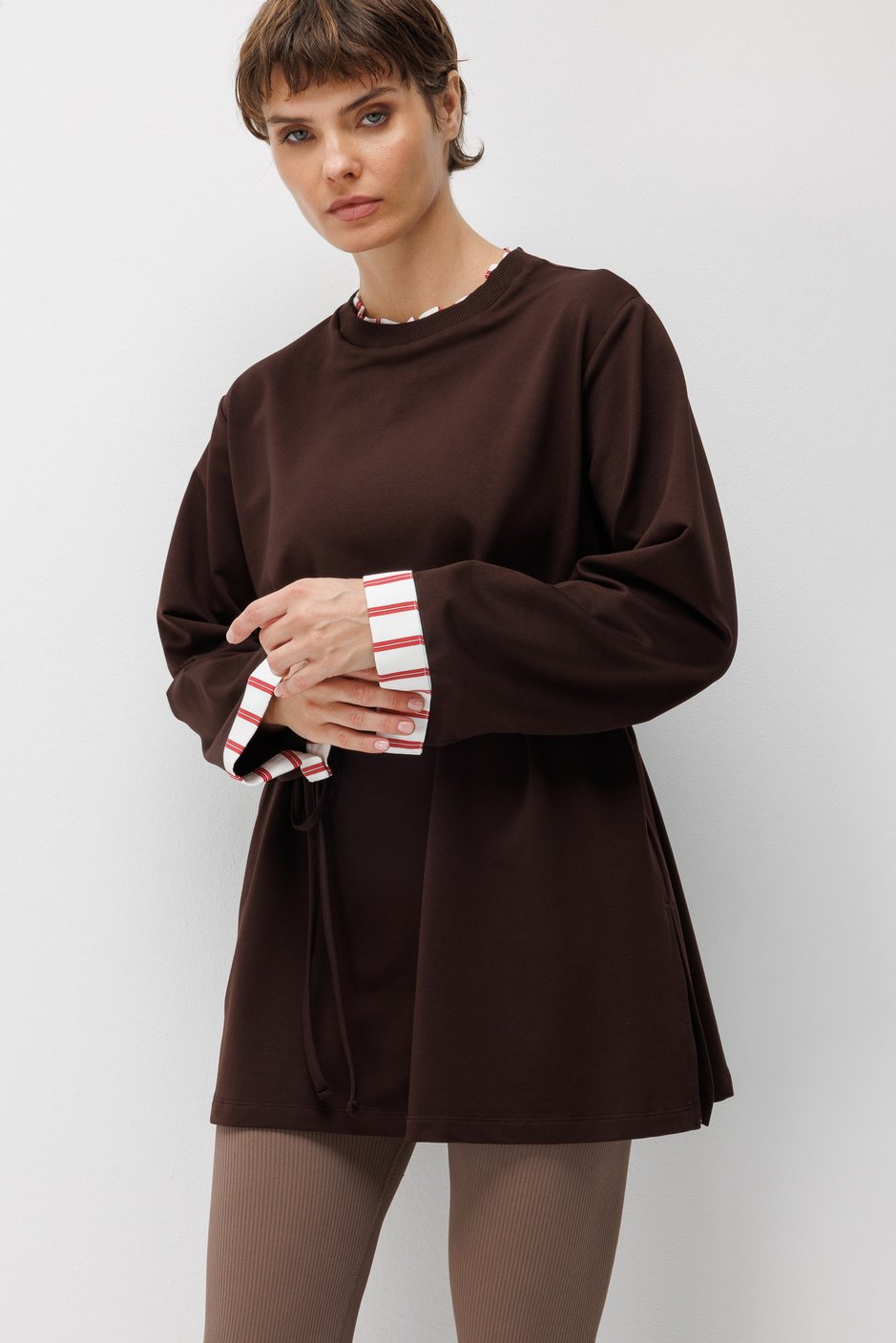 Linea Çizgili Garnili Kuşaklı Tunik Sweat-Kahve