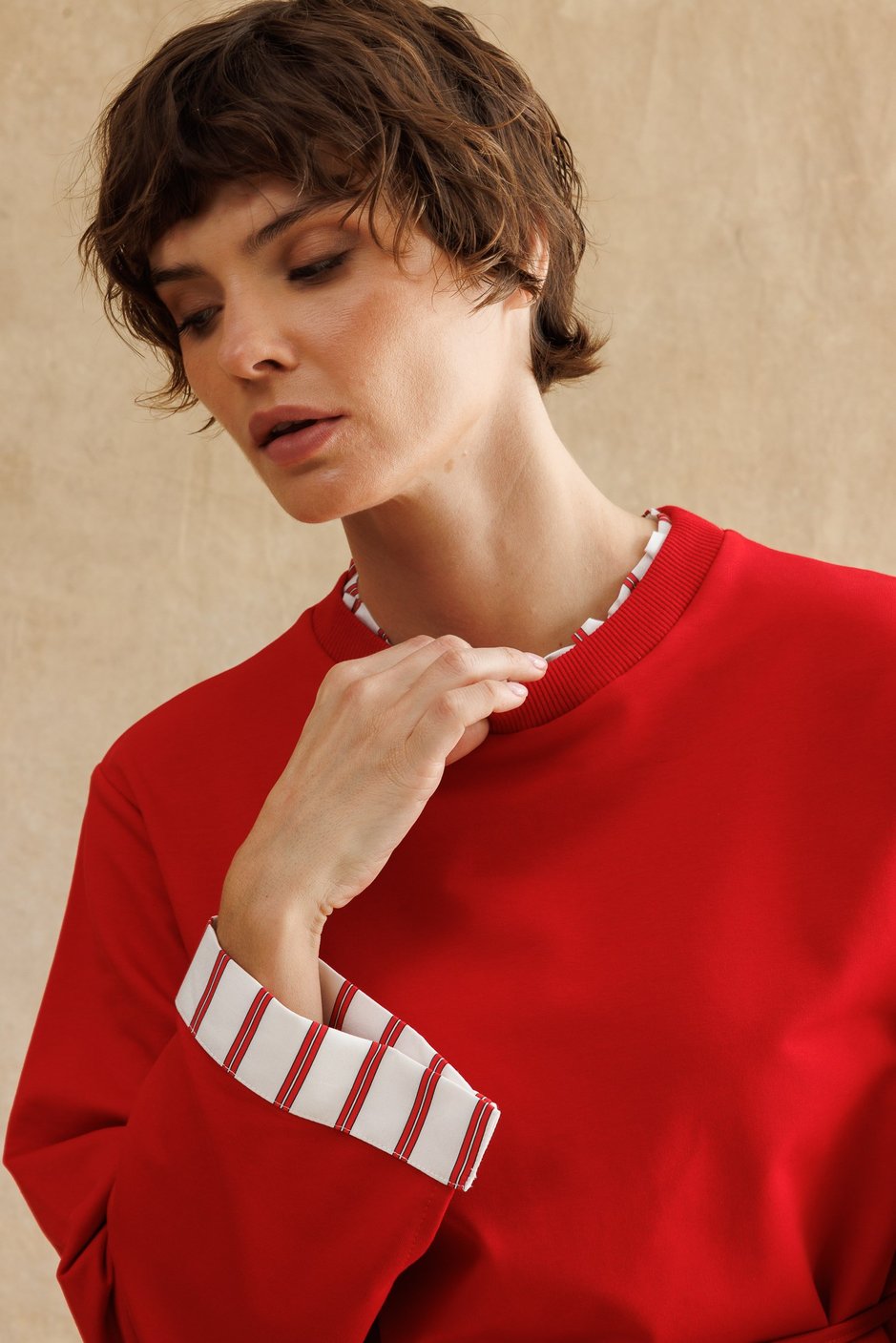 Linea Çizgili Garnili Kuşaklı Tunik Sweat-Kırmızı