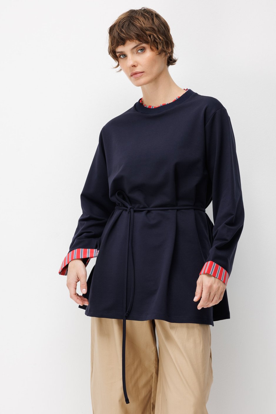 Linea Çizgili Garnili Kuşaklı Tunik Sweat-Laci