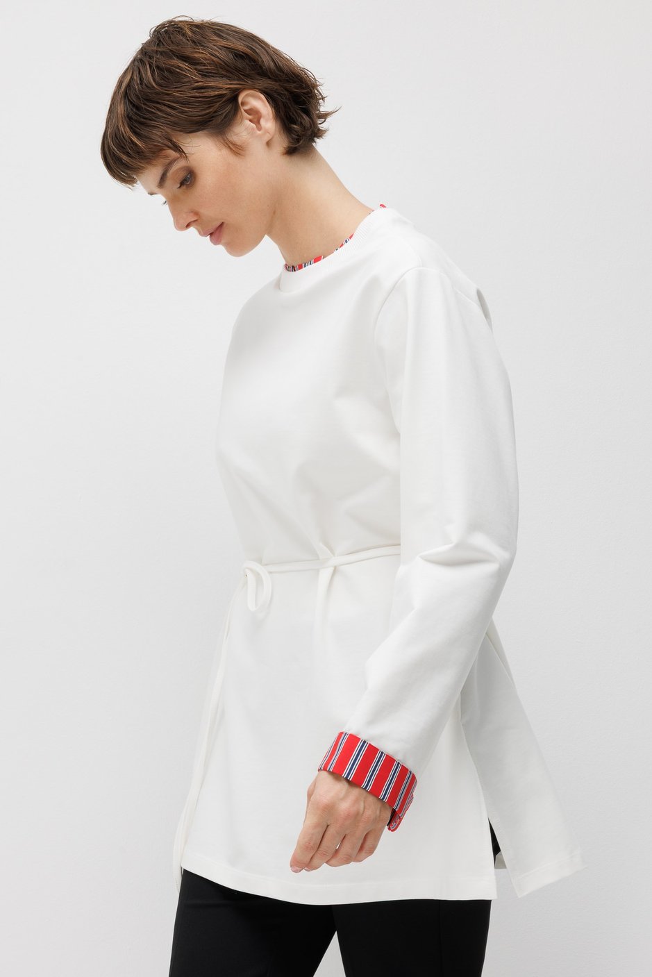 Linea Çizgili Garnili Kuşaklı Tunik Sweat-Ekru