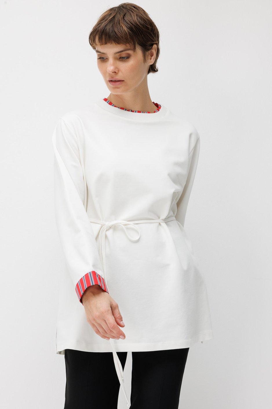 Linea Çizgili Garnili Kuşaklı Tunik Sweat-Ekru