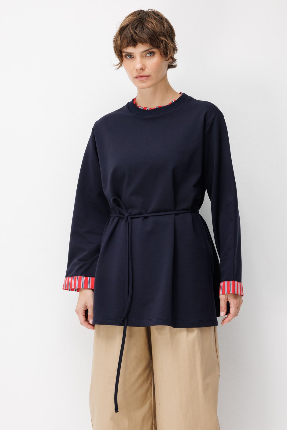 Linea Çizgili Garnili Kuşaklı Tunik Sweat-Laci