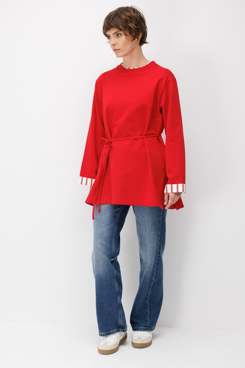 Linea Çizgili Garnili Kuşaklı Tunik Sweat-Kırmızı