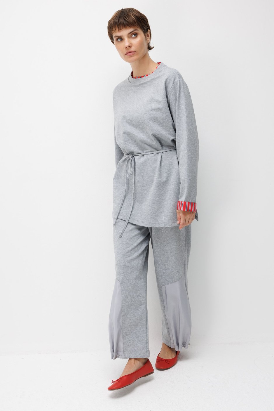 Linea Çizgili Garnili Kuşaklı Tunik Sweat-MELANJ