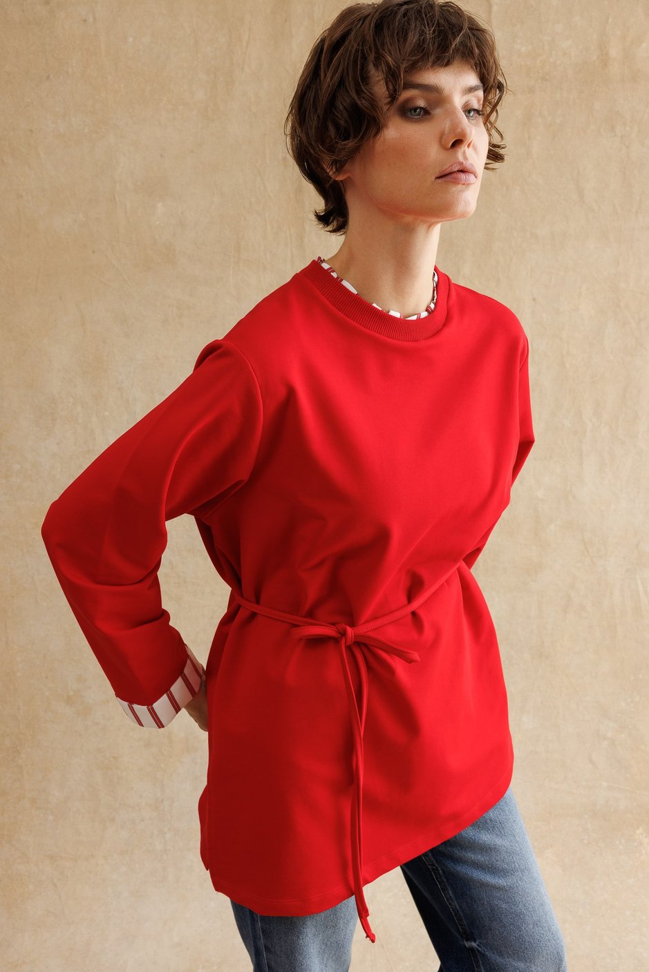 Linea Çizgili Garnili Kuşaklı Tunik Sweat-Kırmızı