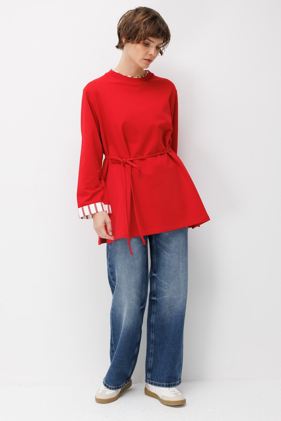Linea Çizgili Garnili Kuşaklı Tunik Sweat-Kırmızı