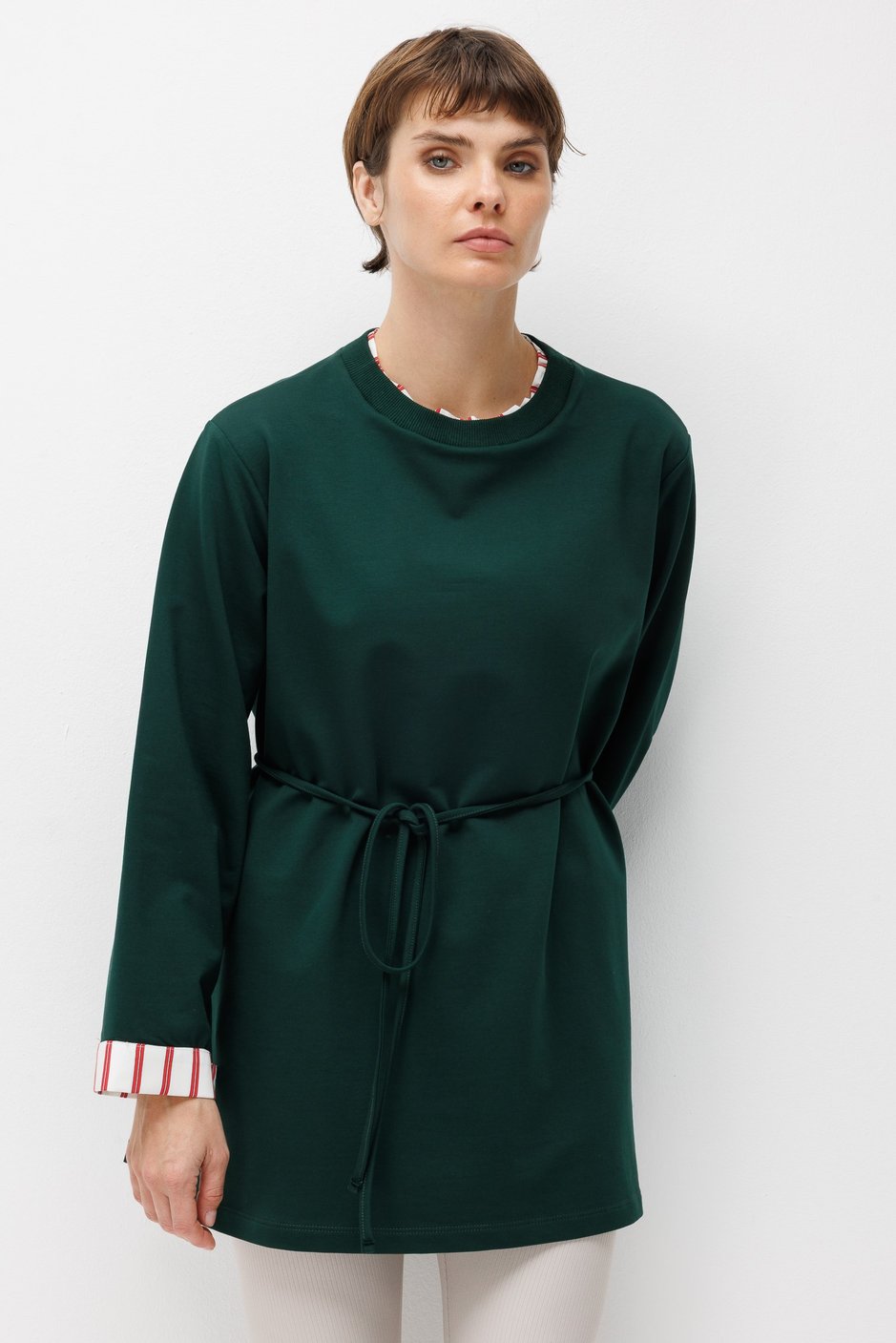 Linea Çizgili Garnili Kuşaklı Tunik Sweat-ZÜMRÜT