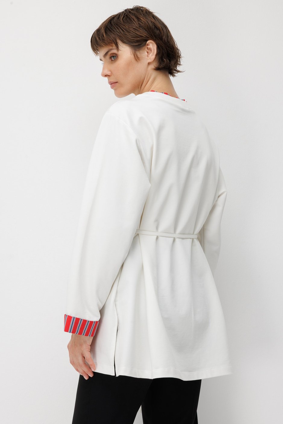 Linea Çizgili Garnili Kuşaklı Tunik Sweat-Ekru