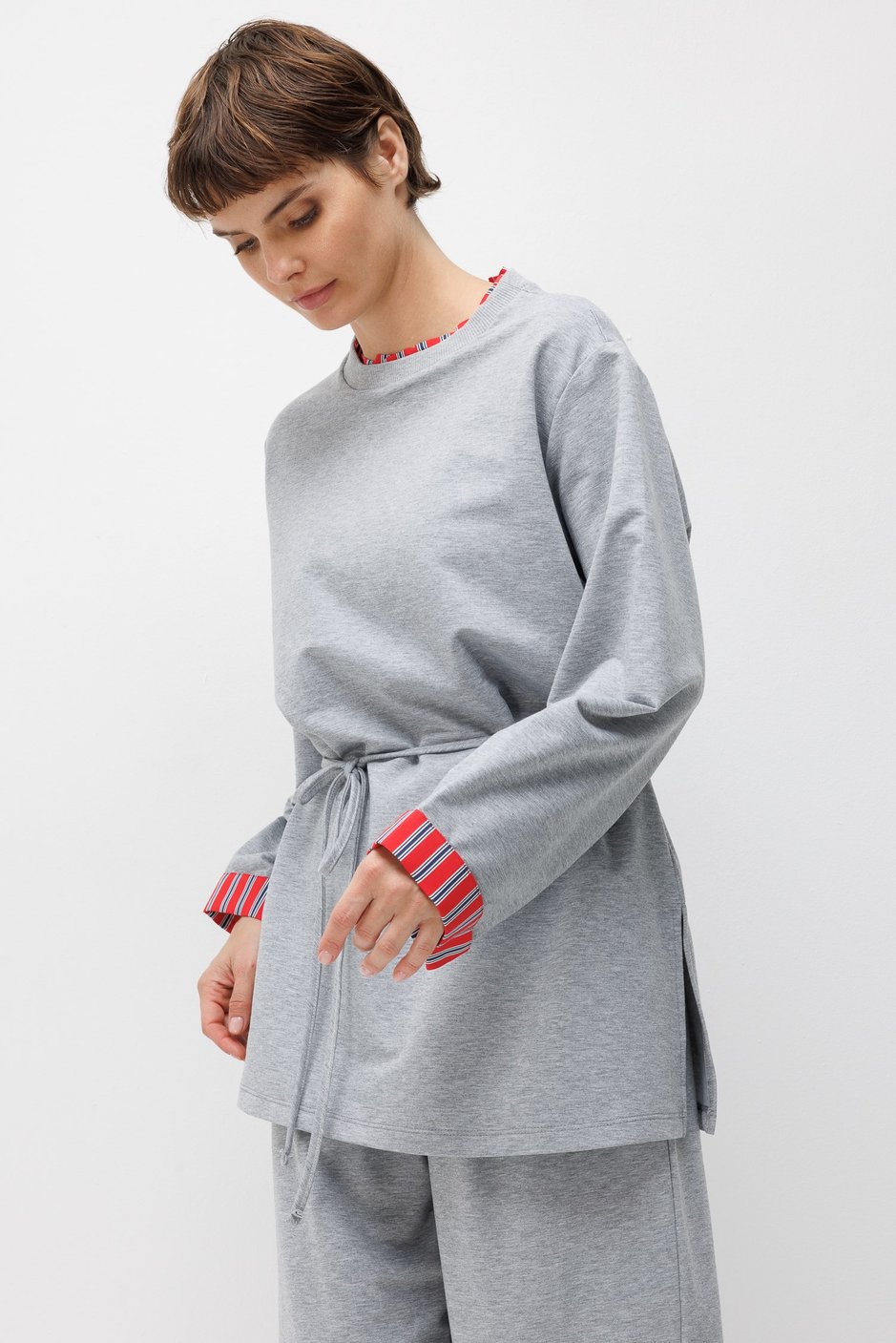 Linea Çizgili Garnili Kuşaklı Tunik Sweat-MELANJ