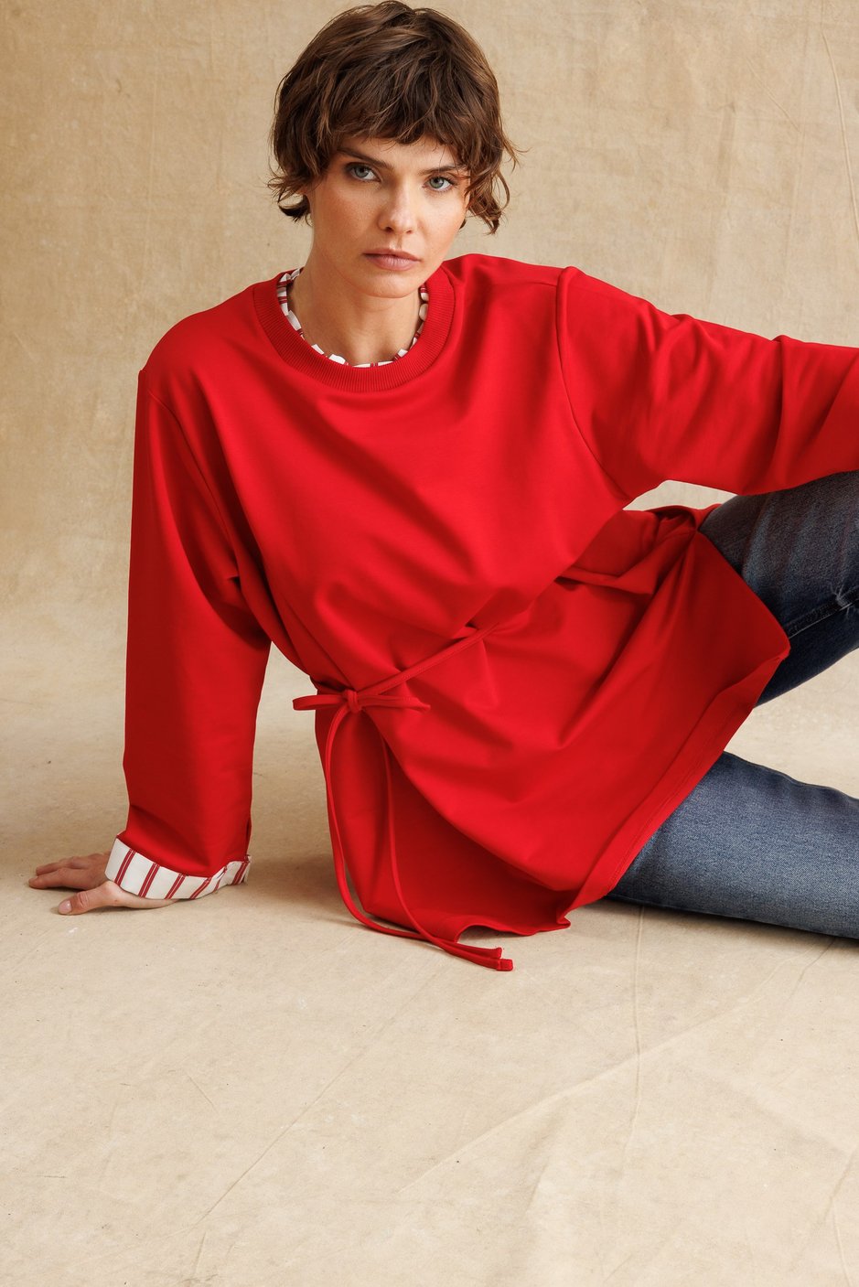 Linea Çizgili Garnili Kuşaklı Tunik Sweat-Kırmızı