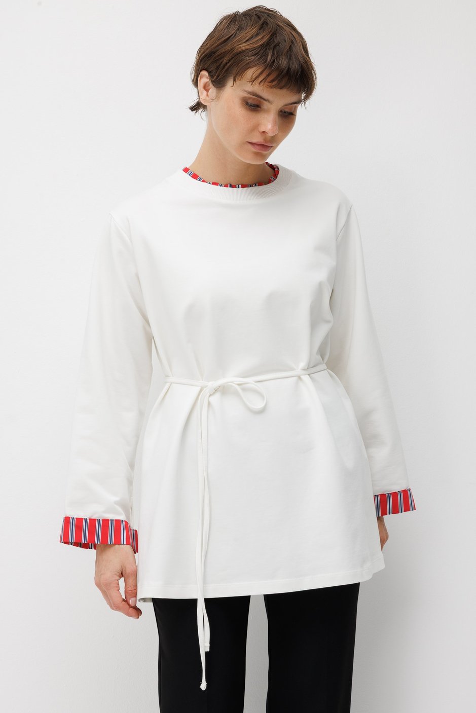 Linea Çizgili Garnili Kuşaklı Tunik Sweat-Ekru