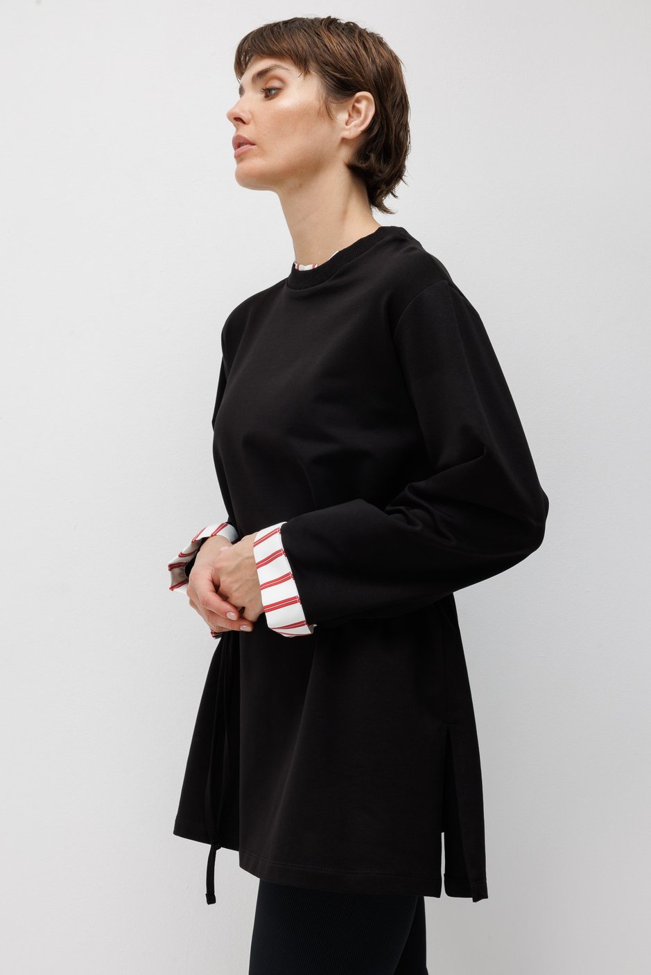 Linea Çizgili Garnili Kuşaklı Tunik Sweat-Siyah