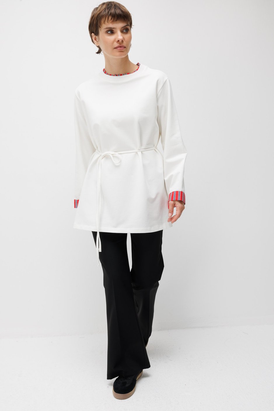 Linea Çizgili Garnili Kuşaklı Tunik Sweat-Ekru