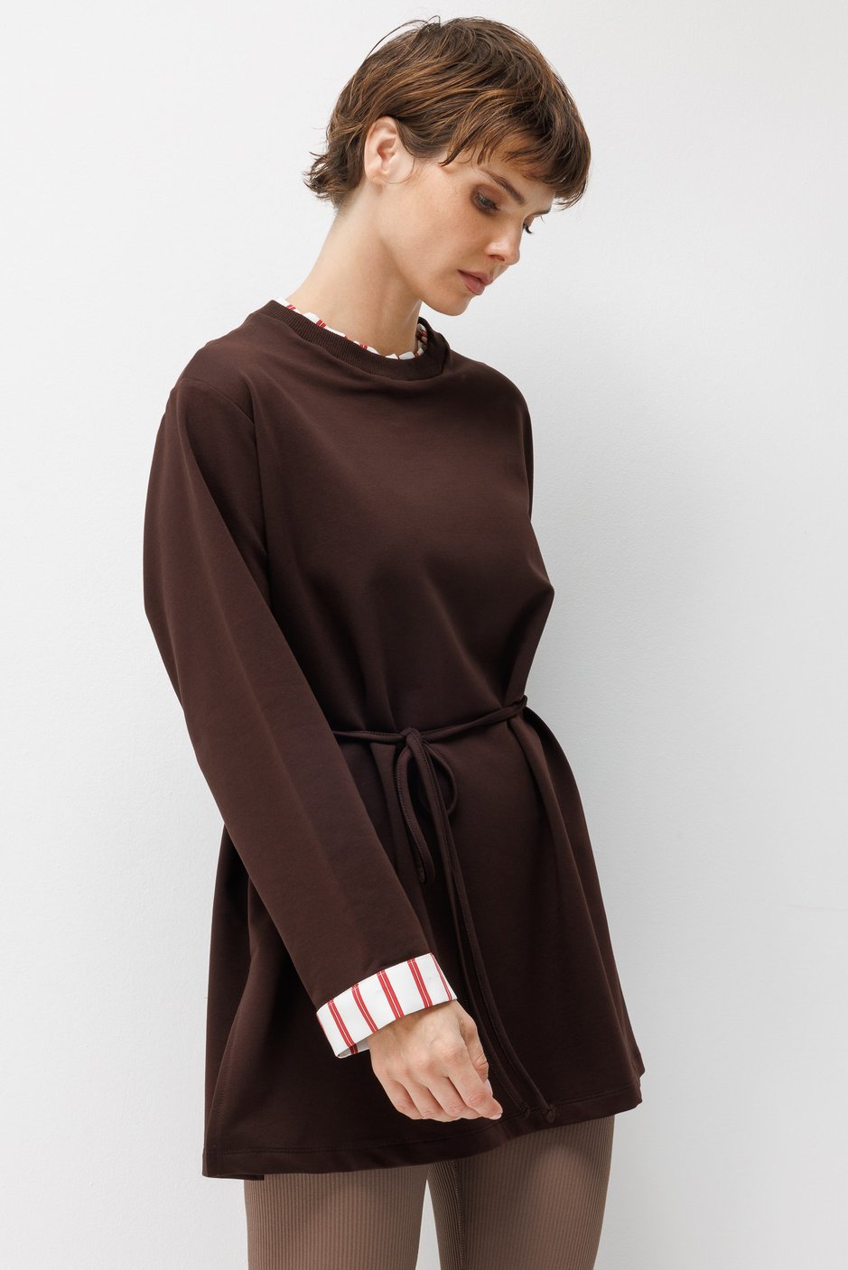 Linea Çizgili Garnili Kuşaklı Tunik Sweat-Kahve