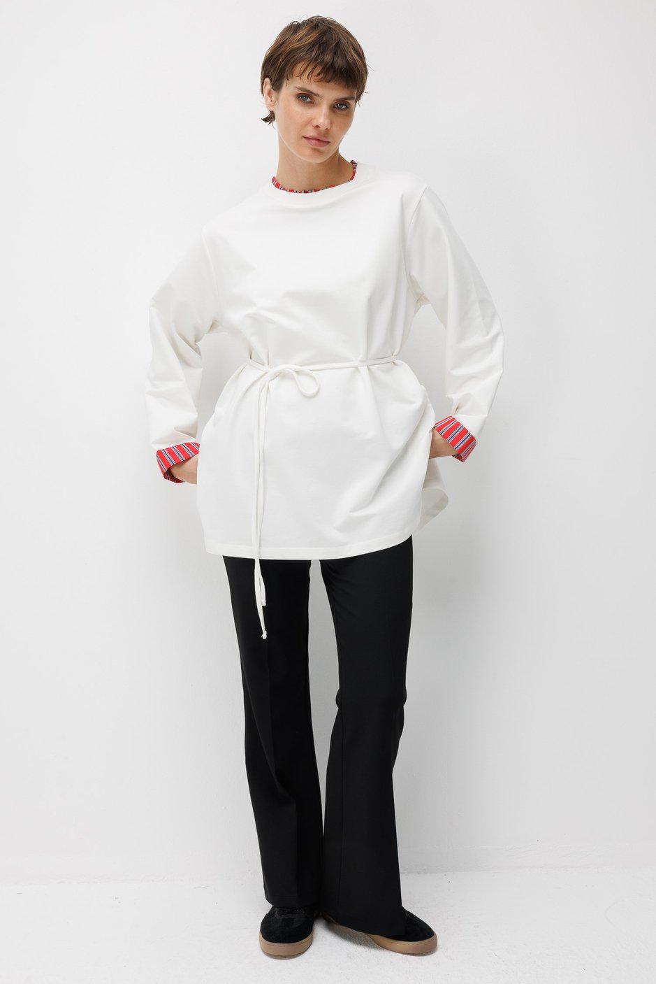 Linea Çizgili Garnili Kuşaklı Tunik Sweat-Ekru