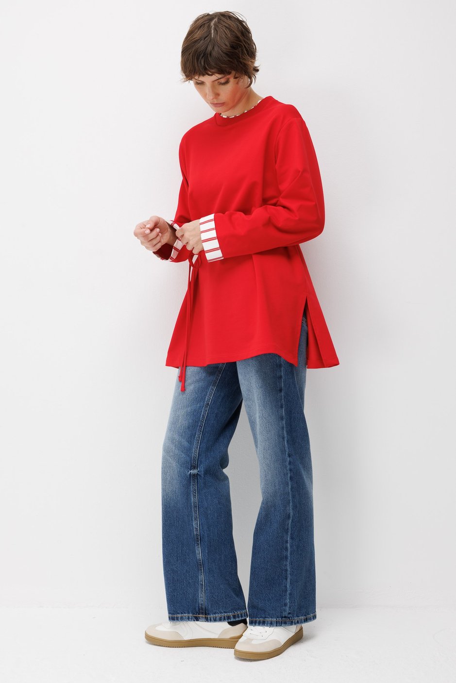 Linea Çizgili Garnili Kuşaklı Tunik Sweat-Kırmızı