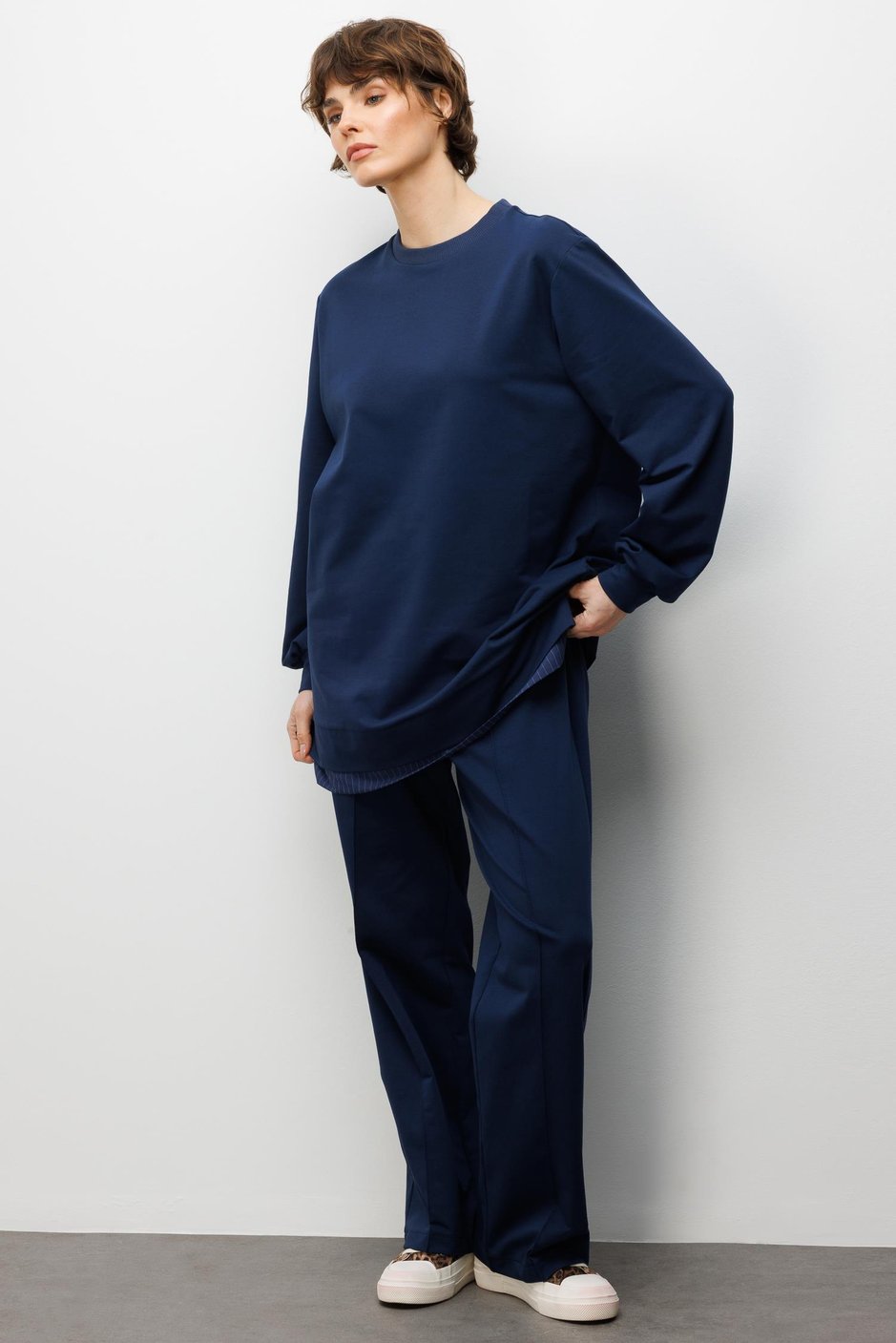 Marine Garni Gebreide Broek Set met Details - Blauw