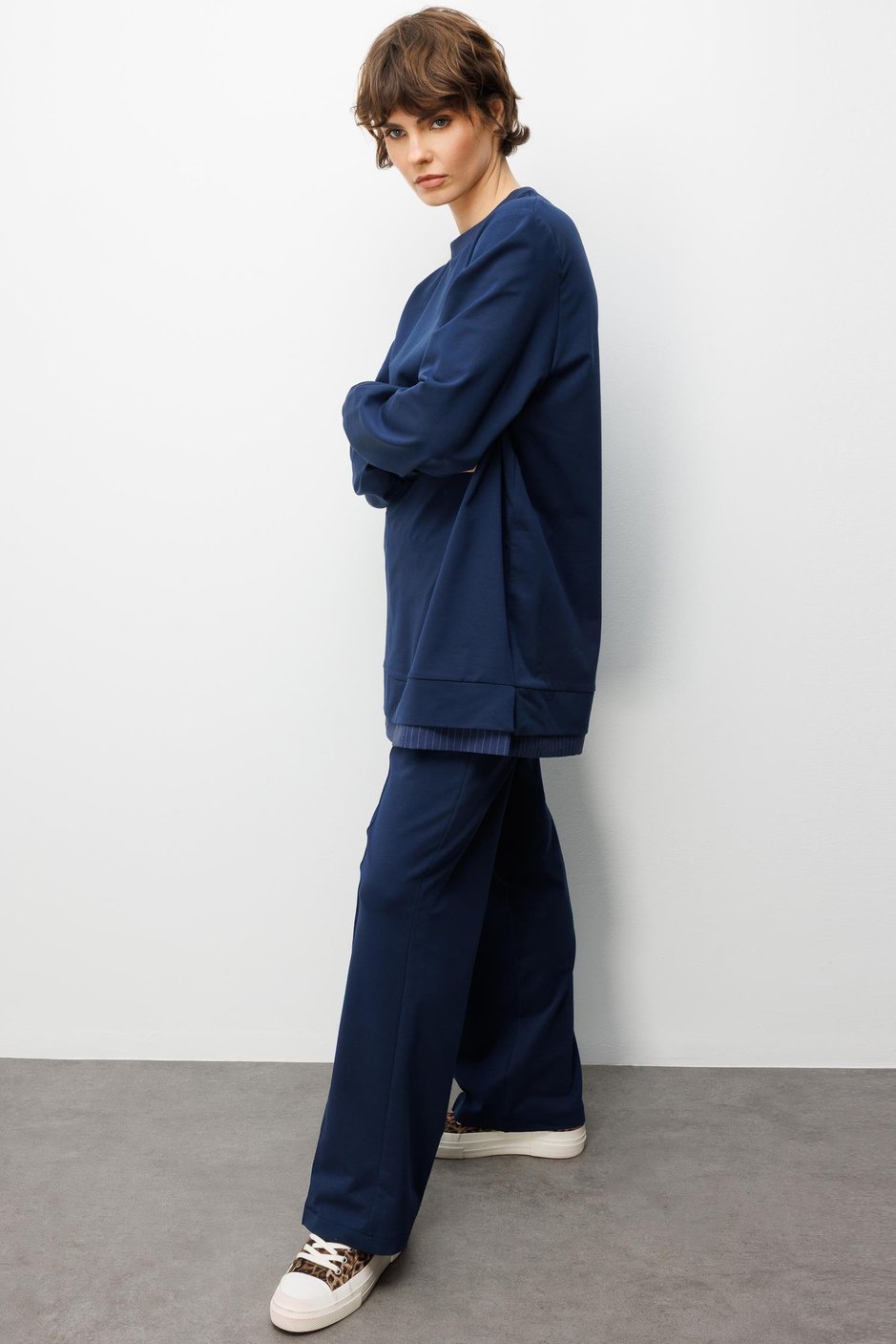 Marine Garni Gebreide Broek Set met Details - Blauw