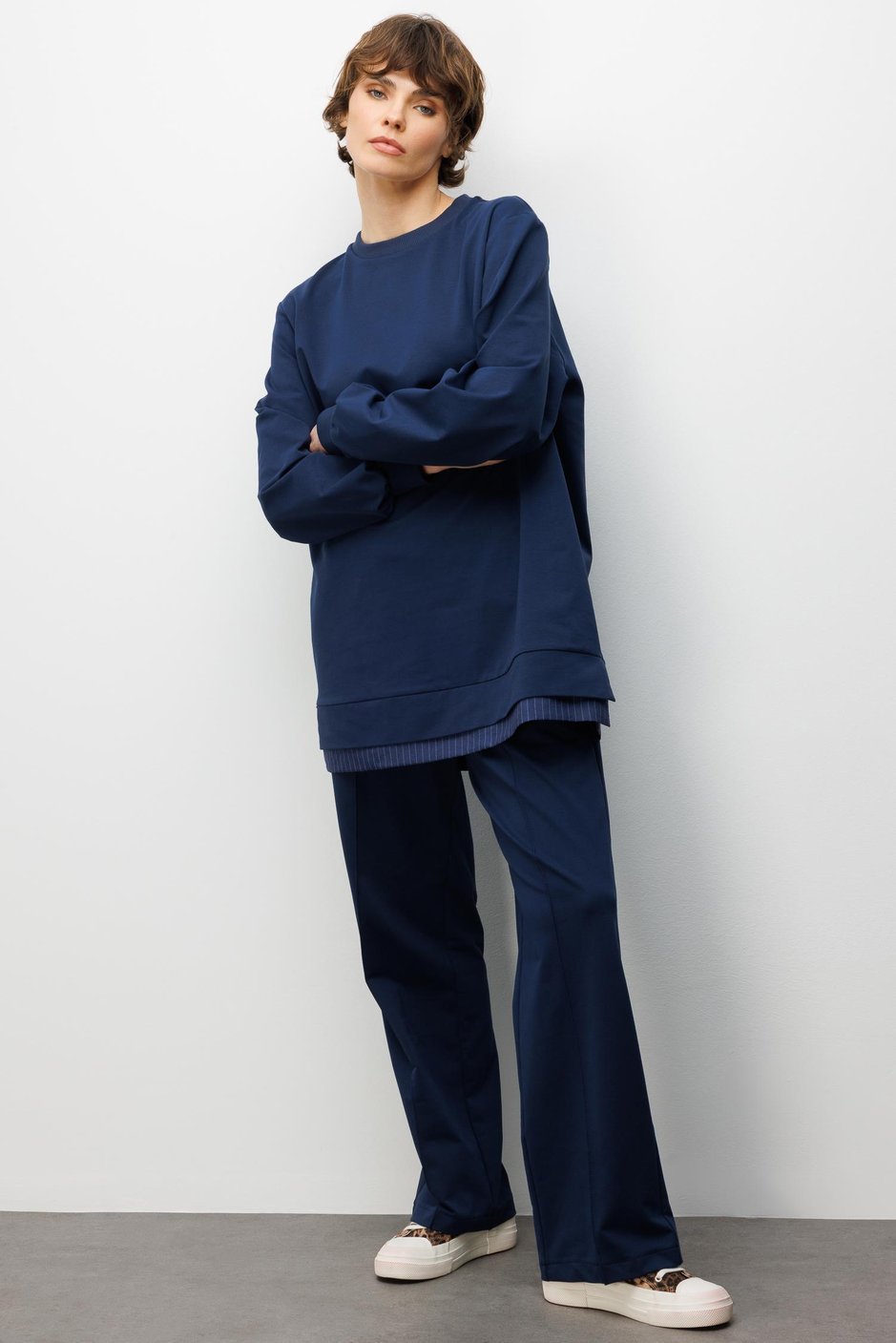 Marine Garni Gebreide Broek Set met Details - Blauw