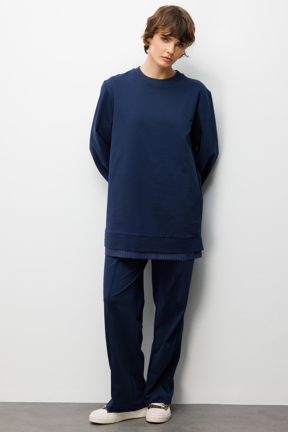 Marine Garni Gebreide Broek Set met Details - Blauw