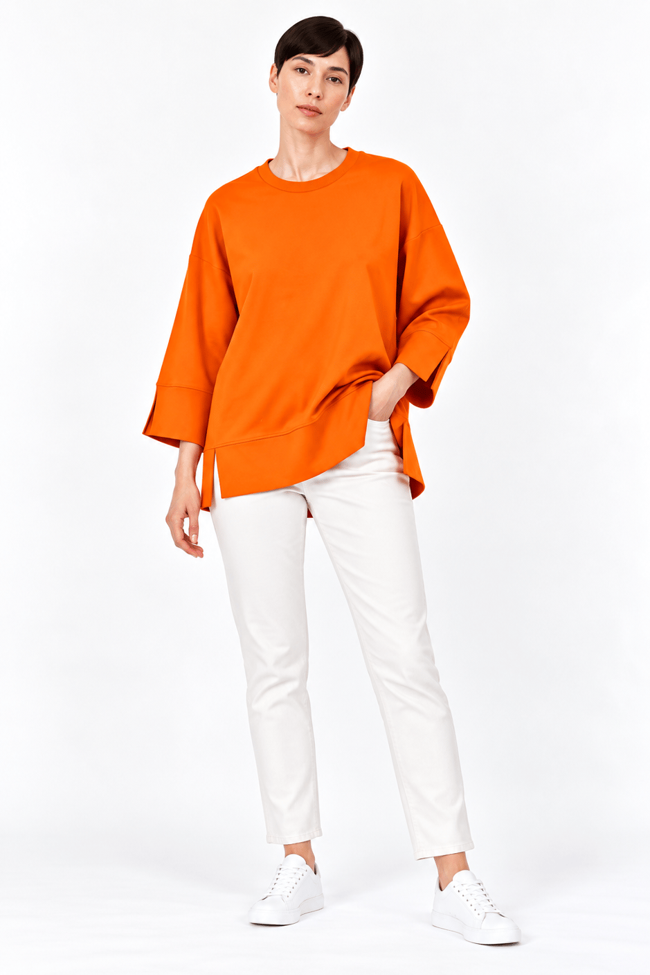 Örme Kol ve Yırtmaç Detaylı Tunik Sweatshirt-Oranj