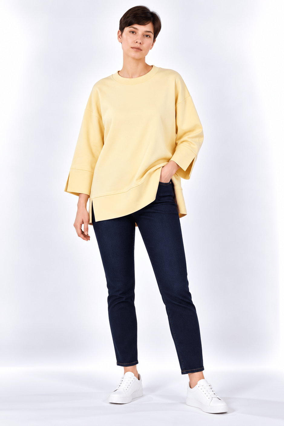 Örme Kol ve Yırtmaç Detaylı Tunik Sweatshirt-Sarı
