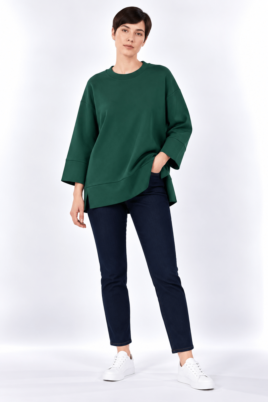 Örme Kol ve Yırtmaç Detaylı Tunik Sweatshirt-ZÜMRÜT