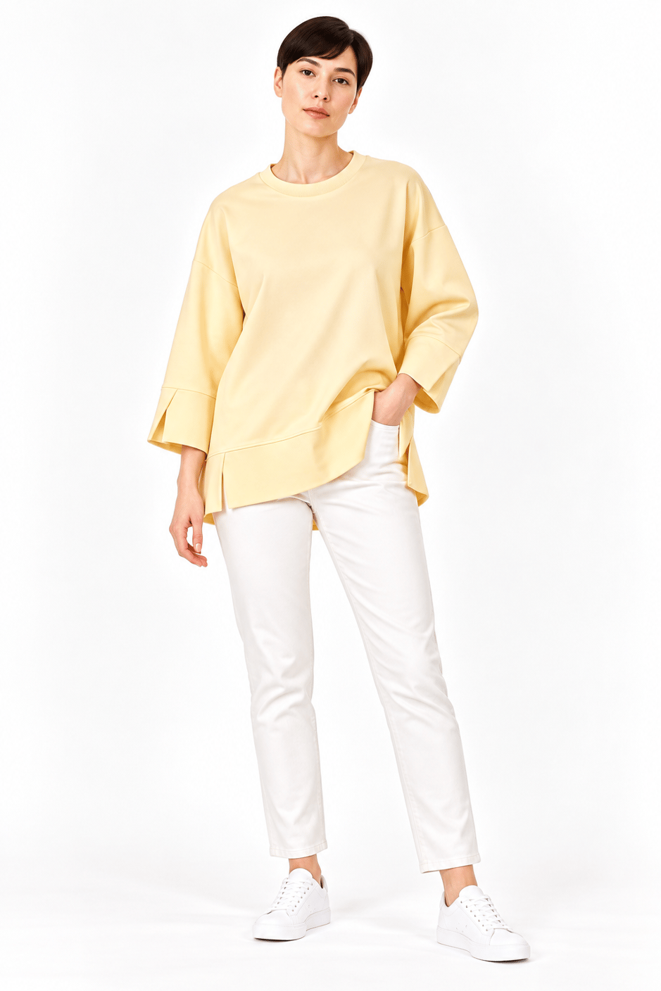 Örme Kol ve Yırtmaç Detaylı Tunik Sweatshirt-Sarı
