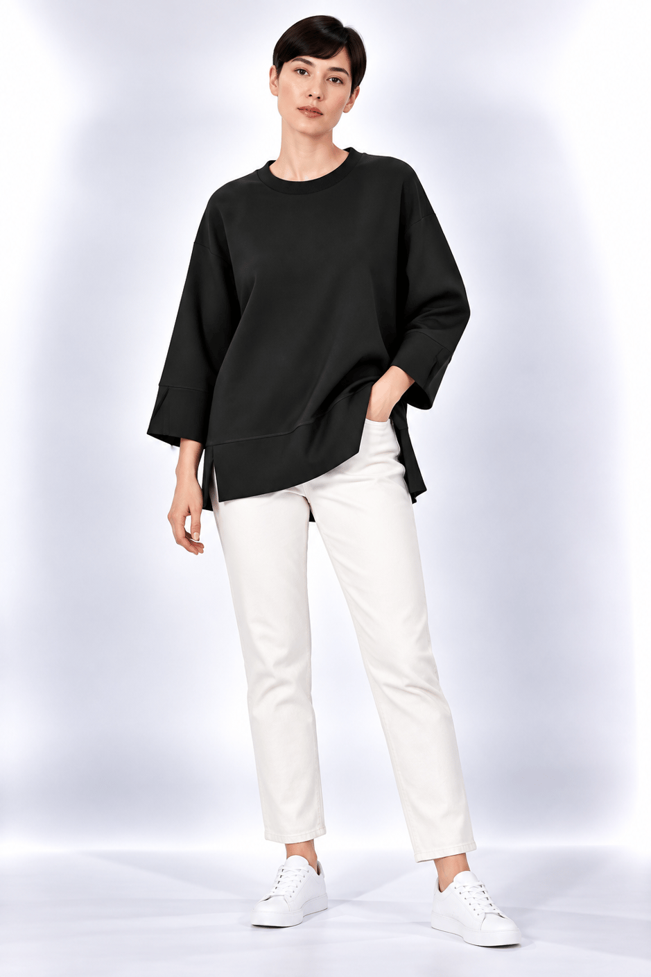 Örme Kol ve Yırtmaç Detaylı Tunik Sweatshirt-Siyah