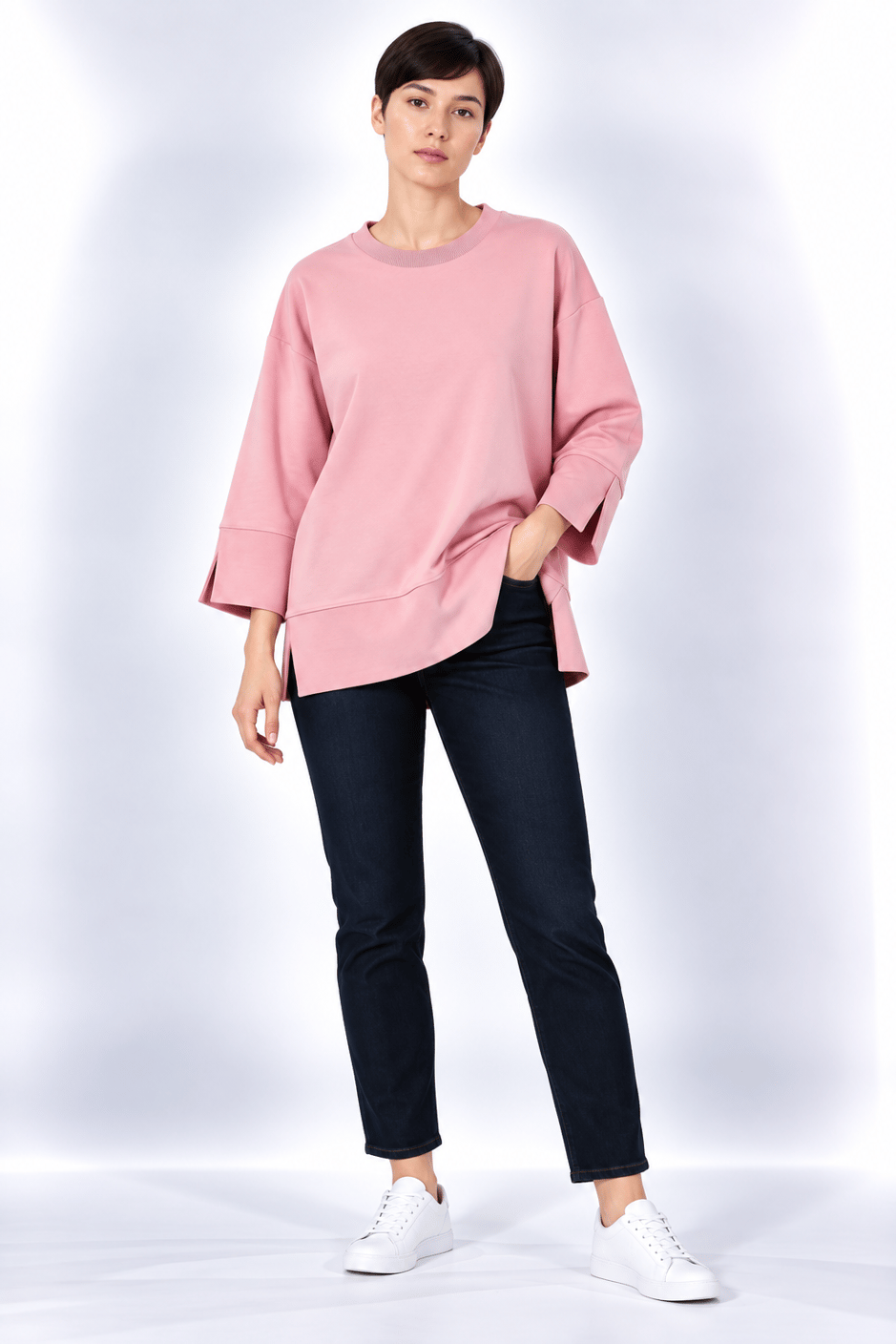 Örme Kol ve Yırtmaç Detaylı Tunik Sweatshirt-Pembe