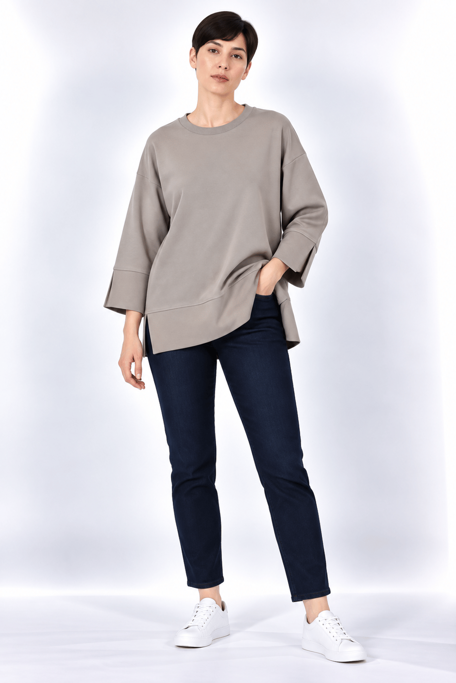 Örme Kol ve Yırtmaç Detaylı Tunik Sweatshirt-Vizon