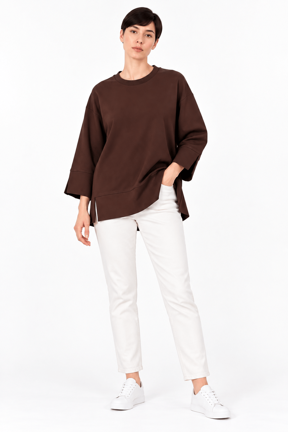 Örme Kol ve Yırtmaç Detaylı Tunik Sweatshirt-Kahve