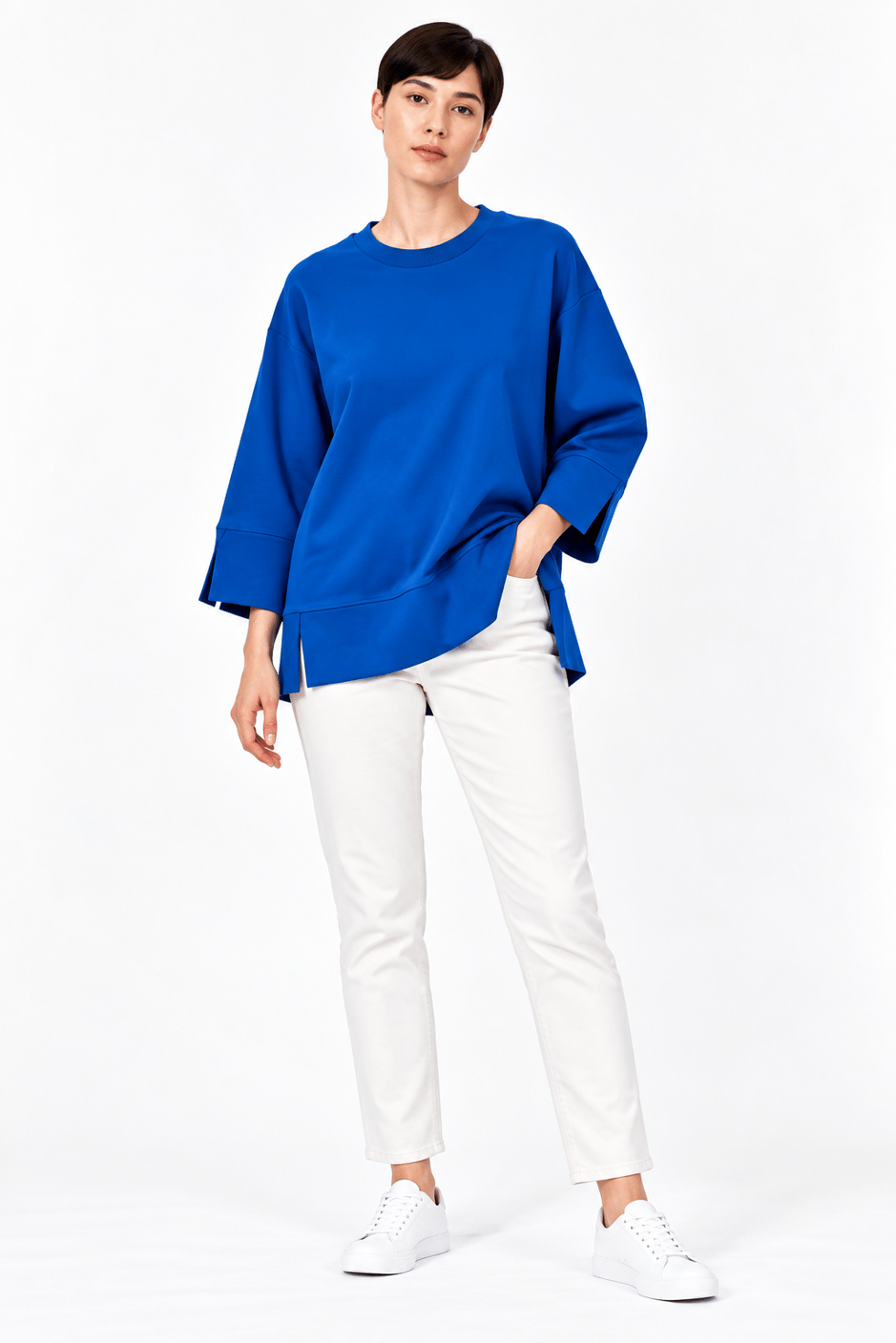 Örme Kol ve Yırtmaç Detaylı Tunik Sweatshirt-Sax