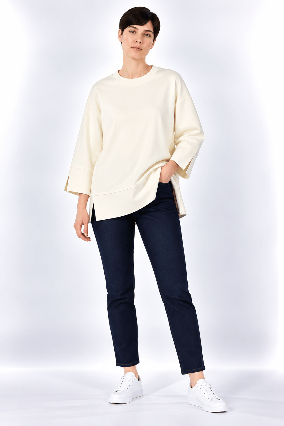 Örme Kol ve Yırtmaç Detaylı Tunik Sweatshirt-Ekru