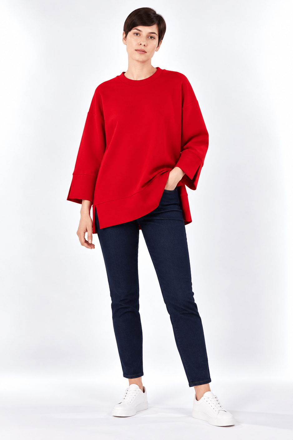 Örme Kol ve Yırtmaç Detaylı Tunik Sweatshirt-Kırmızı